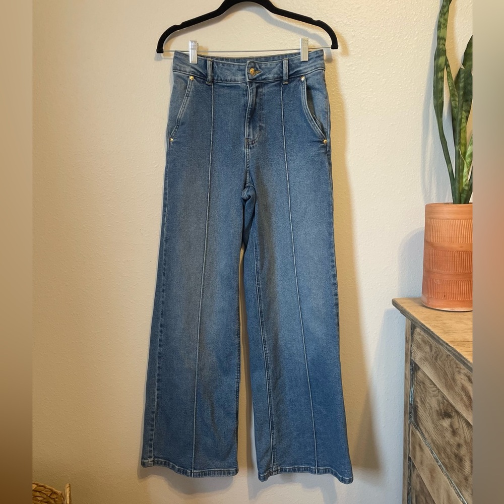 Michael Kors Pintuck High Waist Wide Leg Jean Size 4 Medium Wash - Picture 4 of 9